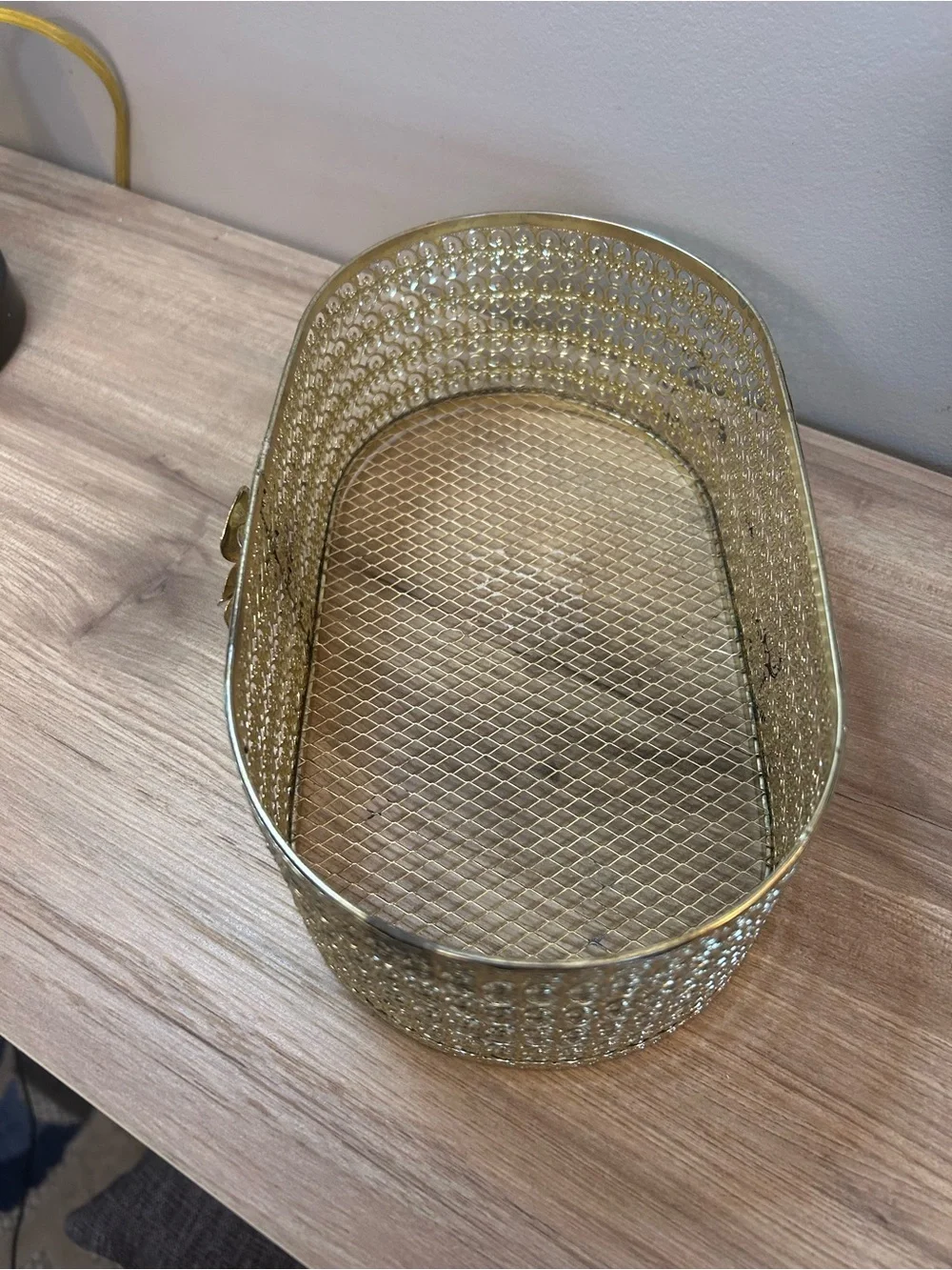 Gold Decorative Glass Basket with Floral Accent MCM Vanity Basket
